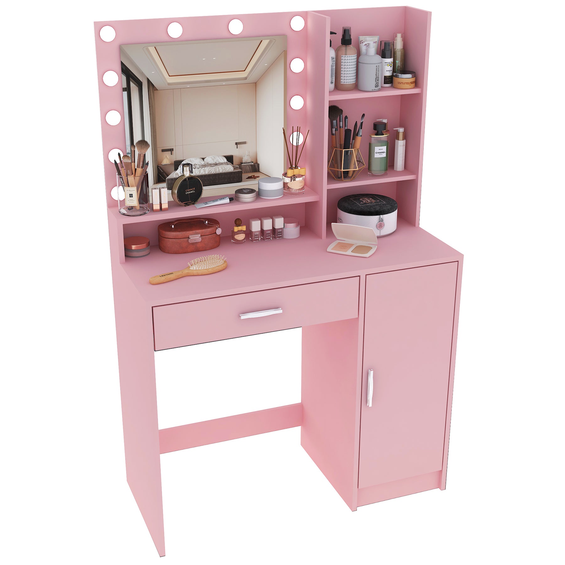 Vanity Desk with Mirror & Light, Large Drawer Three Level Storage Dresser, 3 Lighting Modes Adjustable Brightness, Bedroom Dressing Table(Pink) - Grand Goldman Shop