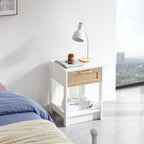 Modern Rattan End Table with Drawer, White MDF and Rattan, 15.75' Square - Grand Goldman Shop