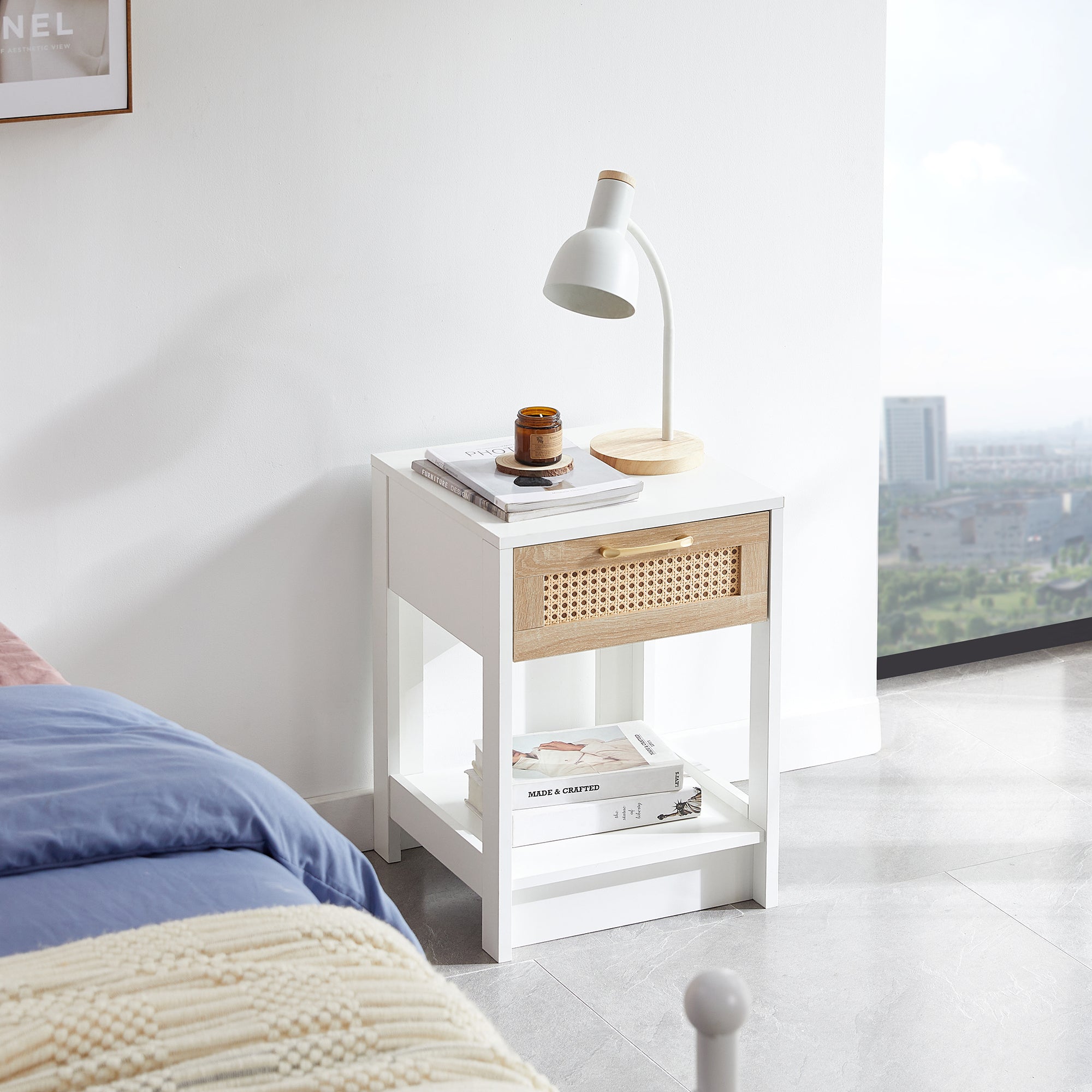 Modern Rattan End Table with Drawer, White MDF and Rattan, 15.75' Square - Grand Goldman Shop