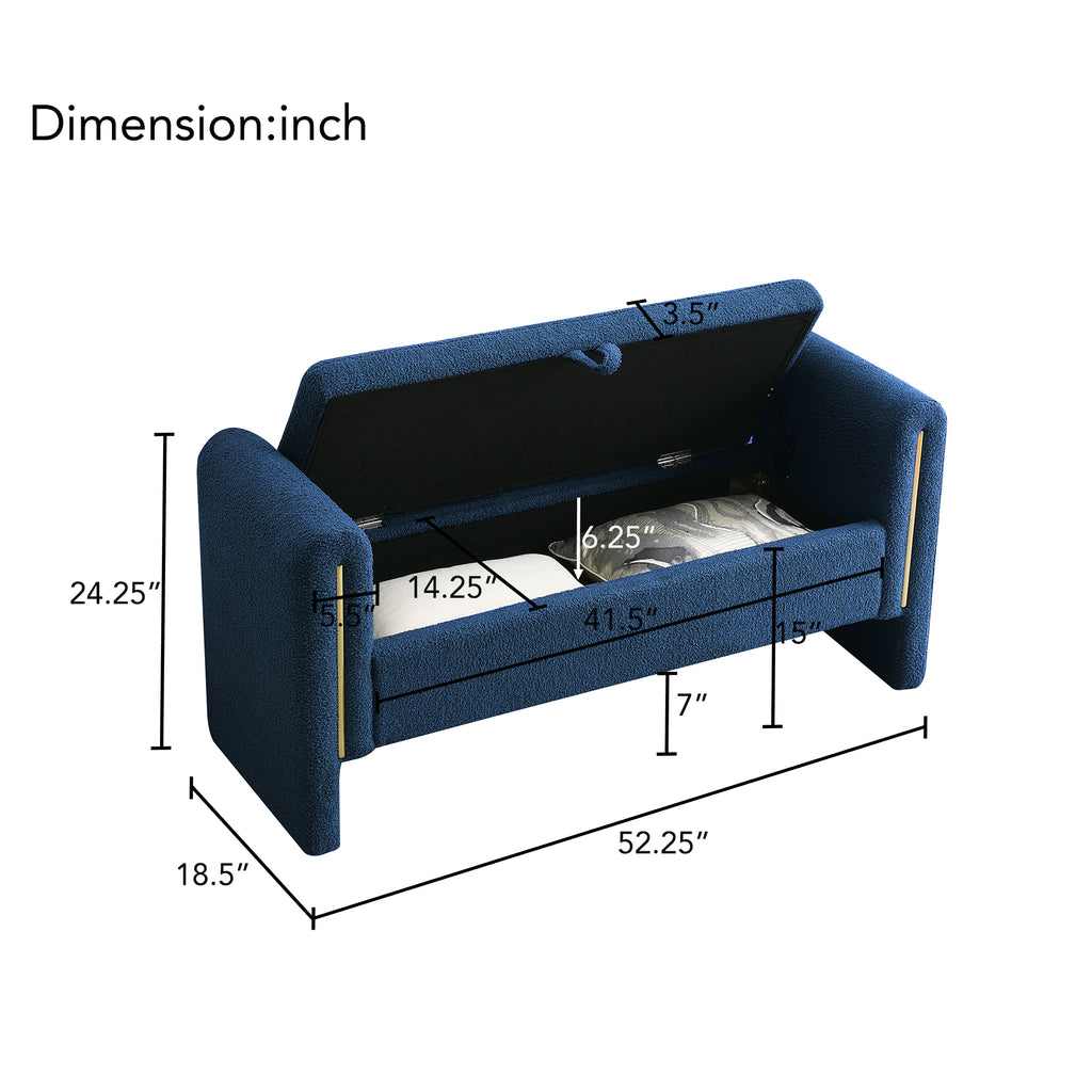Modern Teddy Bed End Bench with Arms and Storage, Upholstered Large Foot Rest Stool in Navy Blue, Comfy Window Vanity Bench for Living Room, Bedroom, Dorm, Coffee Table - Grand Goldman Shop