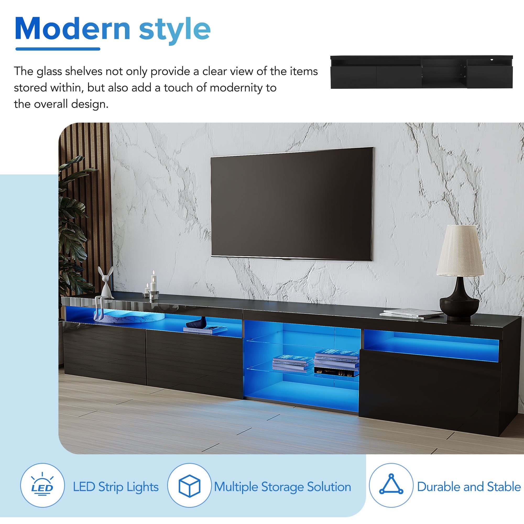 Unique Design TV Stand with 2 Glass Shelves, Ample Storage Space Media Console for TVs Up to 105', Versatile TV Cabinet with LED Color Changing Lights for Living Room, Black (OLD SKU: WF314584AAB) - Grand Goldman Shop