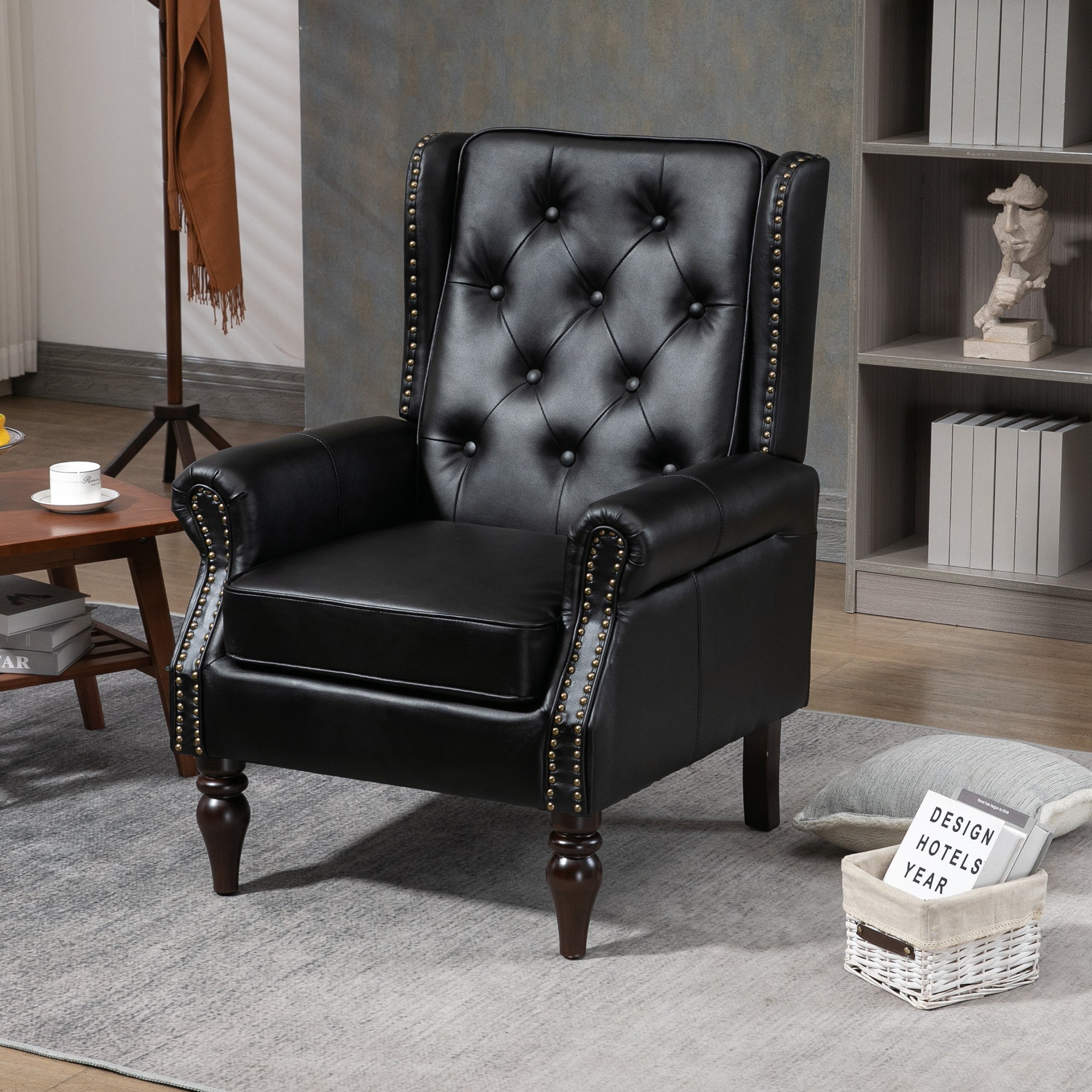 Modern Accent Armchair with Sturdy Wood Legs in Black PU Leather for Living Room or Bedroom - Grand Goldman Shop