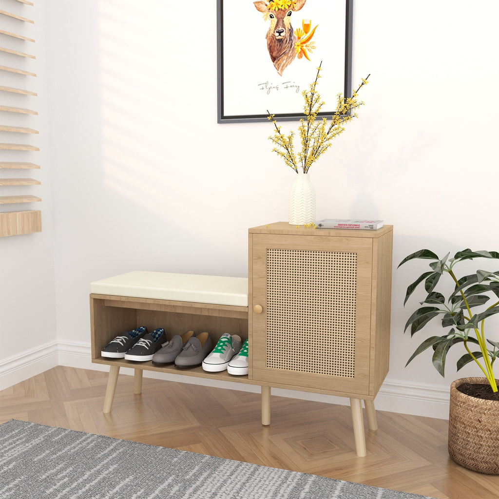 2-in-1 Shoe Storage Bench with Adjustable Shelves, Antique Natural Rattan Finish, PP Rattan and Wood Construction, Modern Entryway Organizer, 39.4 x 27.6 x 11.8 inches - Grand Goldman Shop