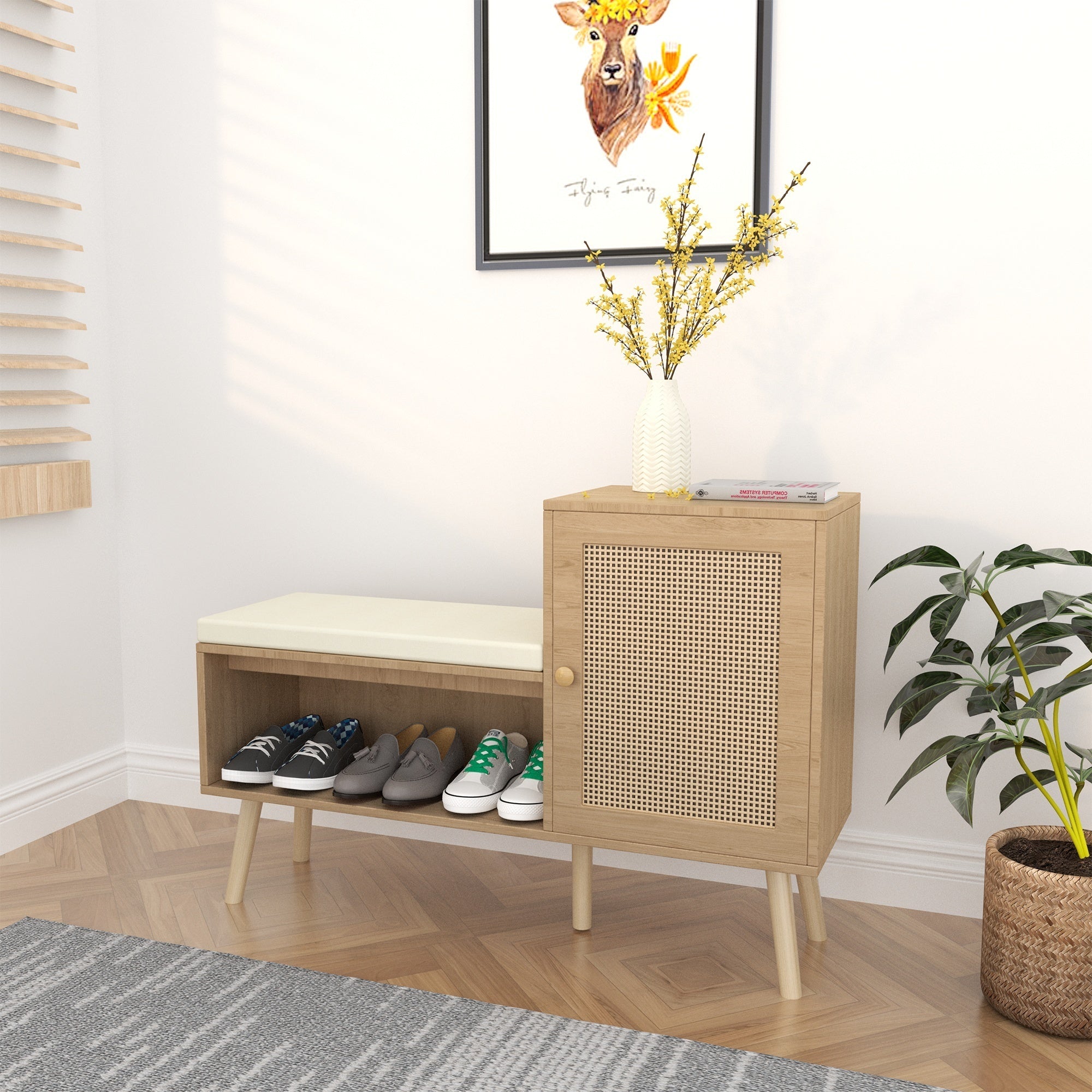 2-in-1 Shoe Storage Bench with Adjustable Shelves, Antique Natural Rattan Finish, PP Rattan and Wood Construction, Modern Entryway Organizer, 39.4 x 27.6 x 11.8 inches - Grand Goldman Shop