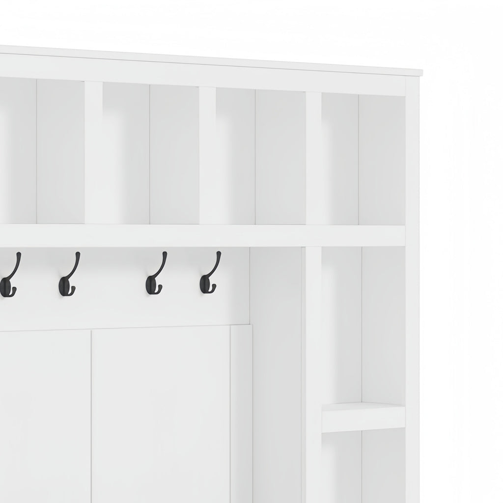 Farmhouse Wooden Hall Tree with 6 Hooks, Walnut Storage Bench with Adjustable Shelves, 4-in-1 Entryway Shoe Cabinet with Cubbies for Mudroom, Living Room, White, 76.7'H (OLD SKU: N721S000044K) - Grand Goldman Shop