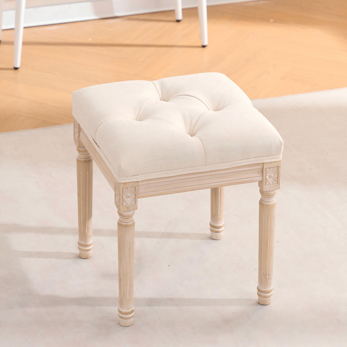 French Style Bench, Linen Fabric Entryway Bench, Upholstered Tufted End of Bed Bench with Brushed Wood Legs, Beige - Grand Goldman Shop