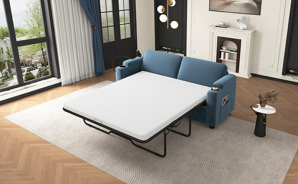 Navy Blue Corduroy Sleeper Sofa Loveseat with Full Size Mattress, USB Ports, Cup Holders, Side Pockets and Phone Holder - Grand Goldman Shop