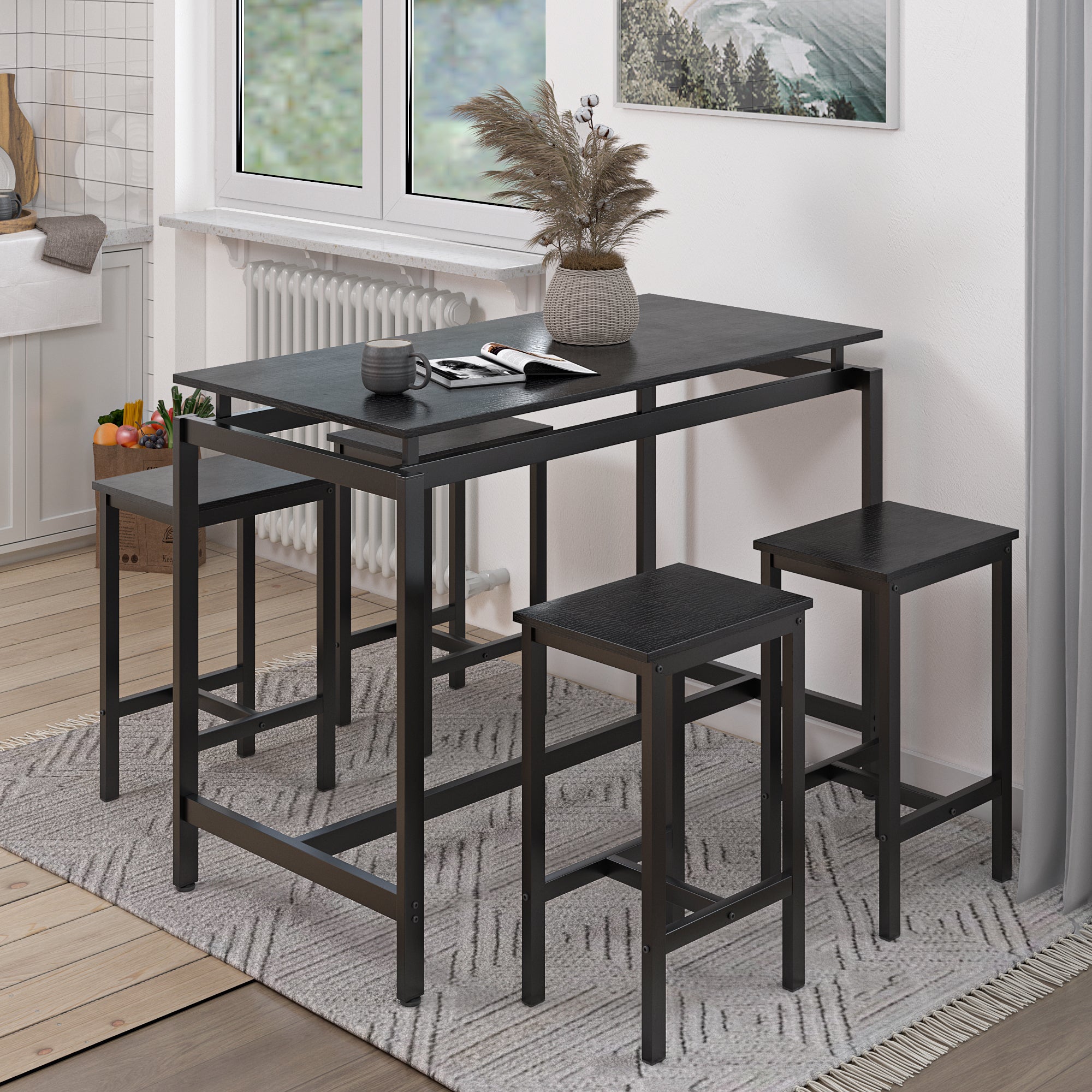 5 Pieces Dining Table Set for 4,Black Bar Table Set with 4 Bar Stools Counter Height Bar Table and Chairs Set. Pub Table Set Breakfast Table for Kitchen, Small Space - Grand Goldman Shop