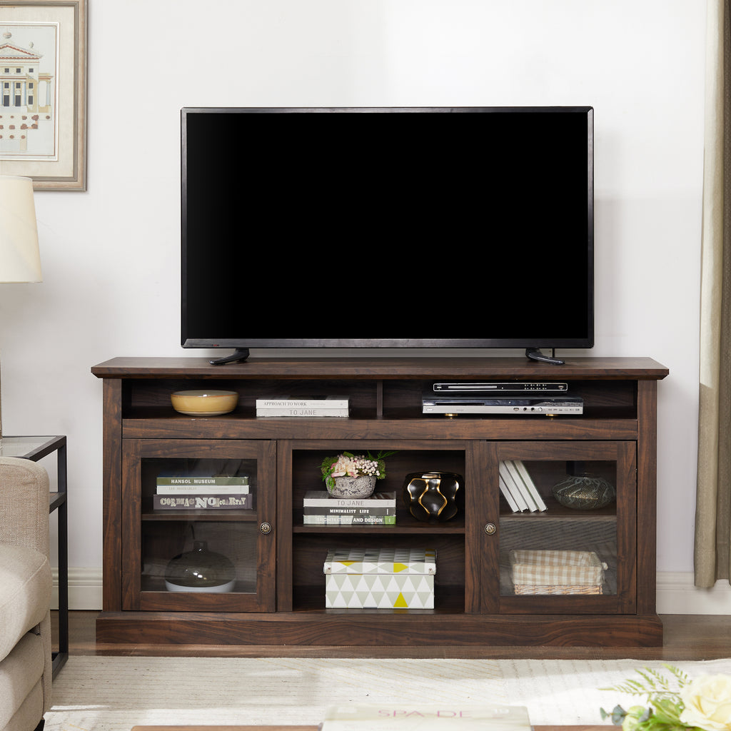 Modern TV Stand for up to 65 Inch TVs, Entertainment Center Farmhouse TV Cabinet Media Console Table with Glass Doors for Living Room, Brown 60'W*15.75'D*29'H - Grand Goldman Shop
