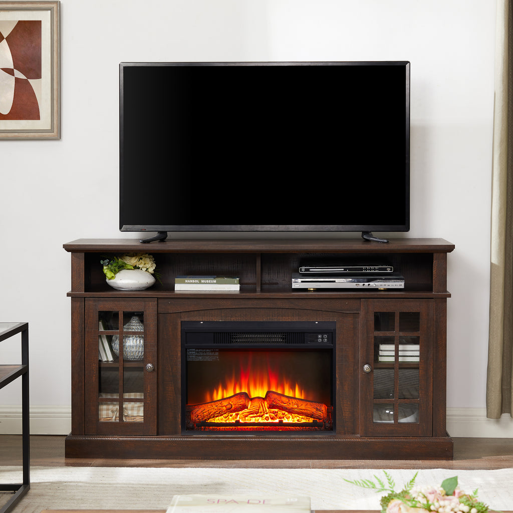 Classic TV Media Stand Modern Entertainment Console with 23' Fireplace Insert for TV Up to 65' with Open and Closed Storage Space, Espresso, 58.25'W*15.75'D*32'H - Grand Goldman Shop