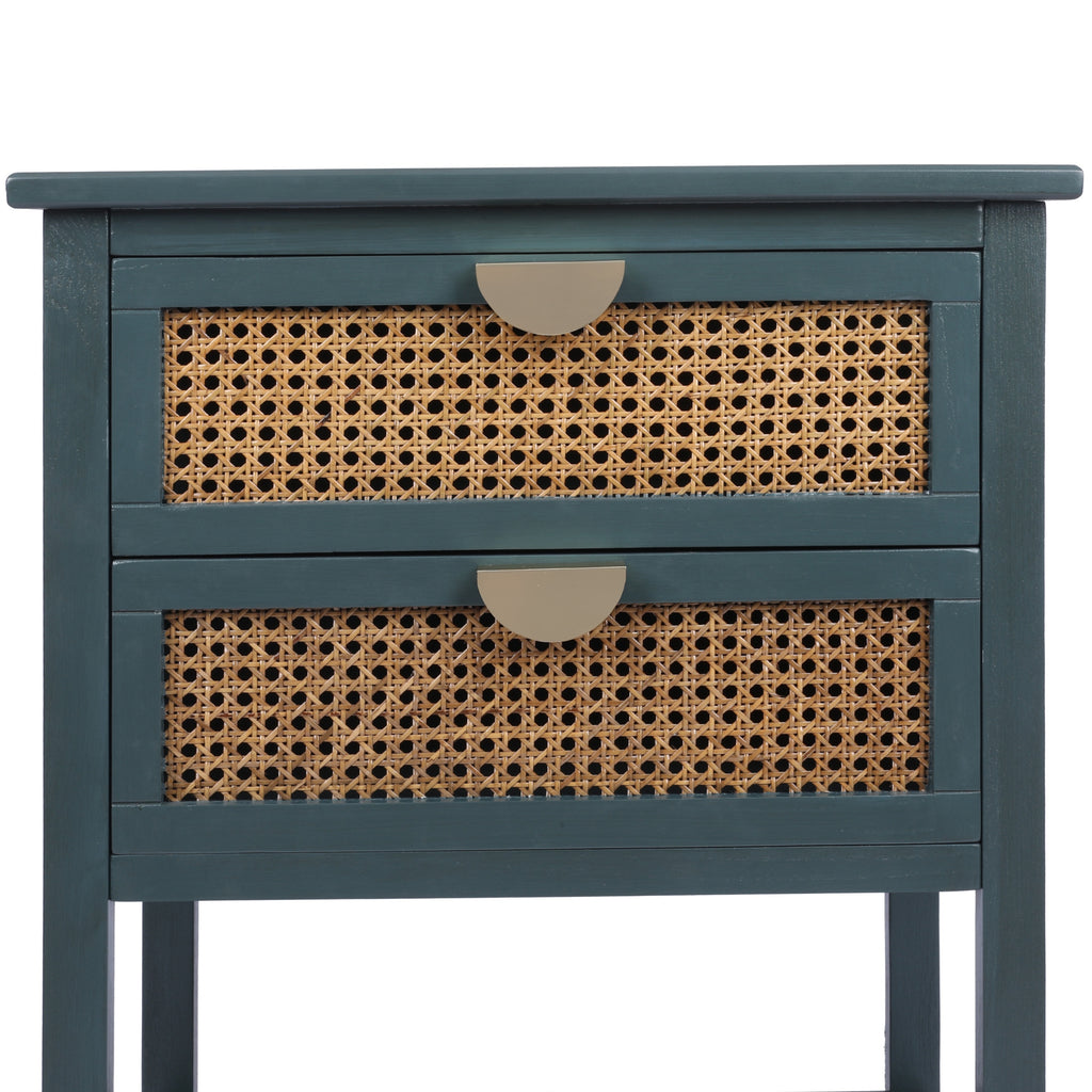 2-Drawer Side Table - Natural Rattan - End Table - Suitable for Bedroom, Living Room, or Study - Green MDF - Grand Goldman Shop