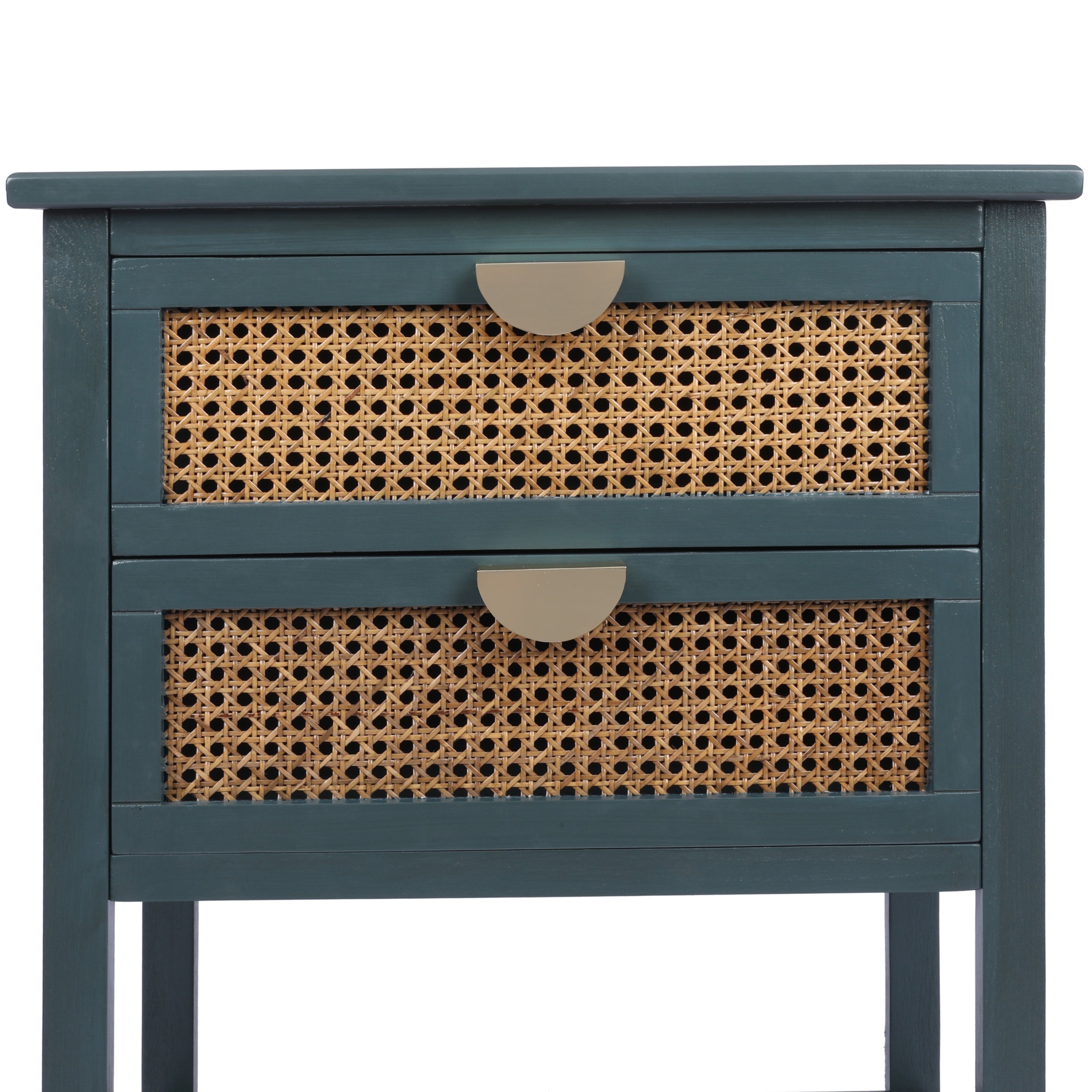 2-Drawer Side Table - Natural Rattan - End Table - Suitable for Bedroom, Living Room, or Study - Green MDF - Grand Goldman Shop