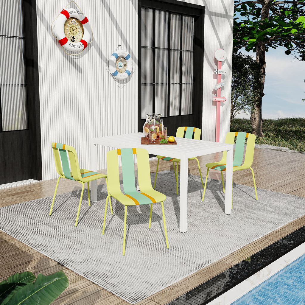 Summer - 4-Pack Modern Striped Color Block Chairs-Indoor/Outdoor PP Seat & Sturdy Metal Legs, Yellow, Orange, Green with 55 Inch White Modern Long Table - Indoor/Outdoor- PP Tabletop with Metal Legs