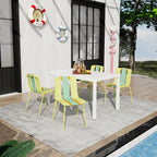 Summer - 4-Pack Modern Striped Color Block Chairs-Indoor/Outdoor PP Seat & Sturdy Metal Legs, Yellow, Orange, Green with 55 Inch White Modern Long Table - Indoor/Outdoor- PP Tabletop with Metal Legs