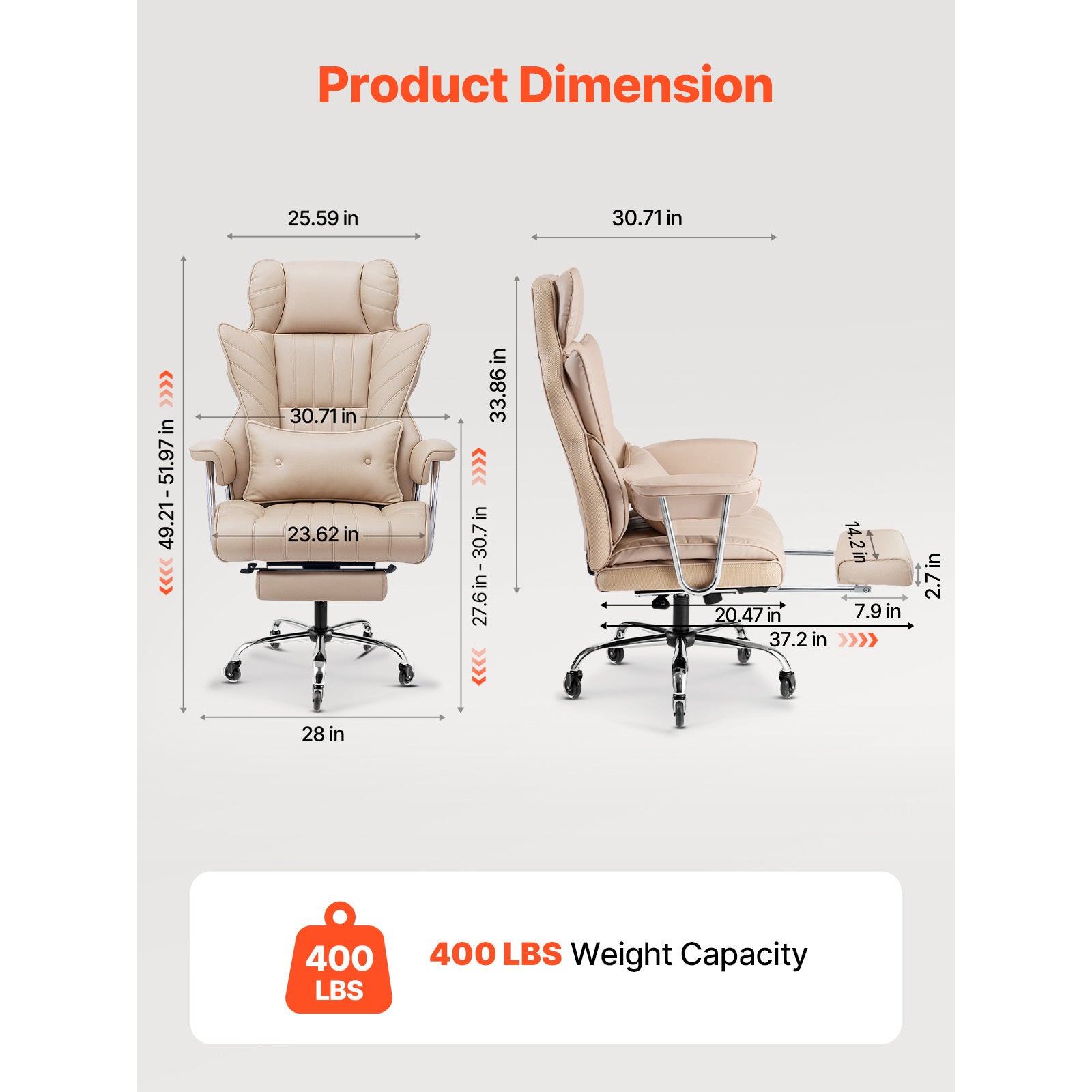 Executive Office Chair with Footrest, 400 lbs Capacity With Heavy Duty PU Leather Wide Office Chair, Big and Tall Reclining O