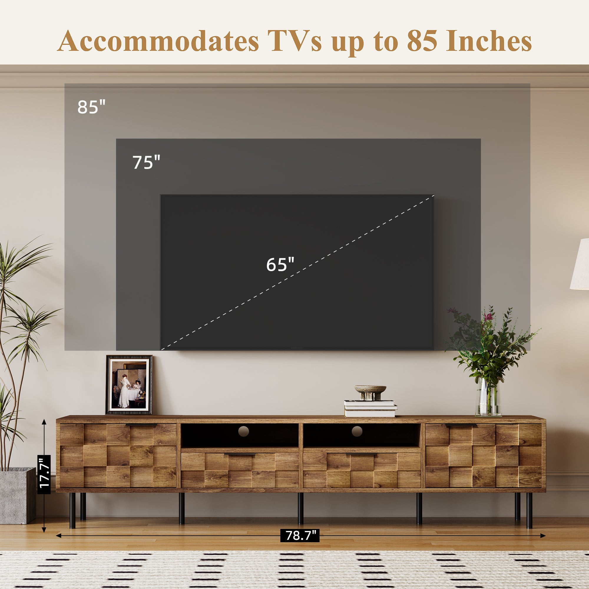 Mid Century TV Stand with 2 Drawers, Media Console Table for TVs up to 85'', Natural Finish Storage Cabinet with Cable Management, 78.7'' x 15.7'' x 17.7'' - Grand Goldman Shop