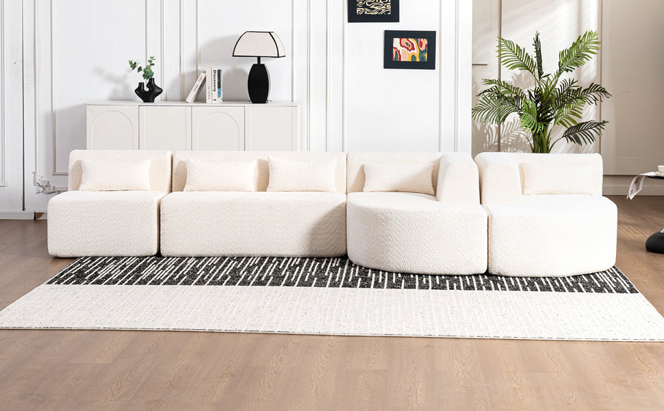 Modern Upholstered L-Shape Sofa with Chaise Lounge and Back Pillows, Beige Boucle Fabric, 144 inches - Grand Goldman Shop