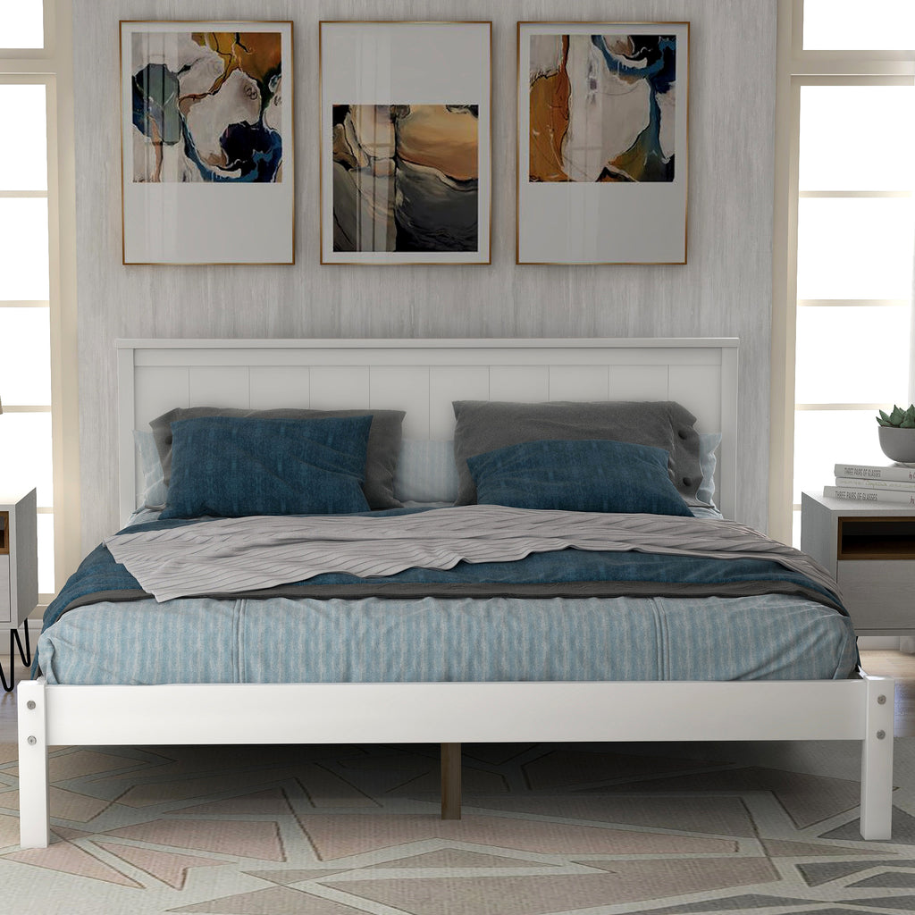 White Platform Bed Frame with Headboard, Wood Slat Support, No Box Spring Needed, Full Size, Made of Pine and MDF - Grand Goldman Shop