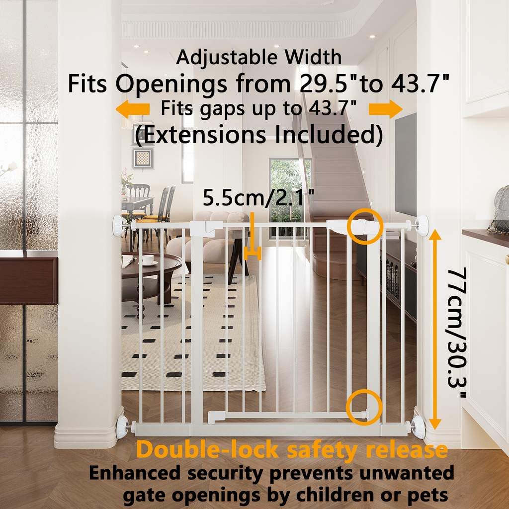29.5-45.3' Wide Baby Gate with wall protector for Stairs, Dog Gate Indoor for Doorways, No Drilling Pressure Mounted Pet Gate