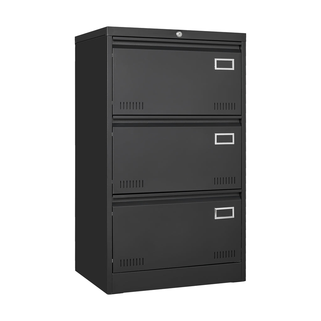 Black Metal 3-Drawer Lateral Filing Cabinet with Lock for Home and Office - Grand Goldman