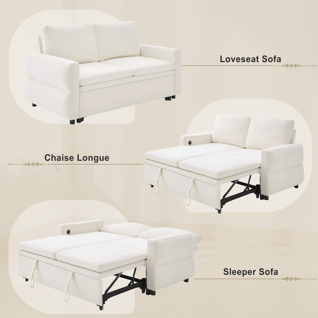 Convertible Sofa Bed 62.75' Loveseat with Adjustable Backrest and USB Ports in Beige Chenille Fabric - Grand Goldman Shop