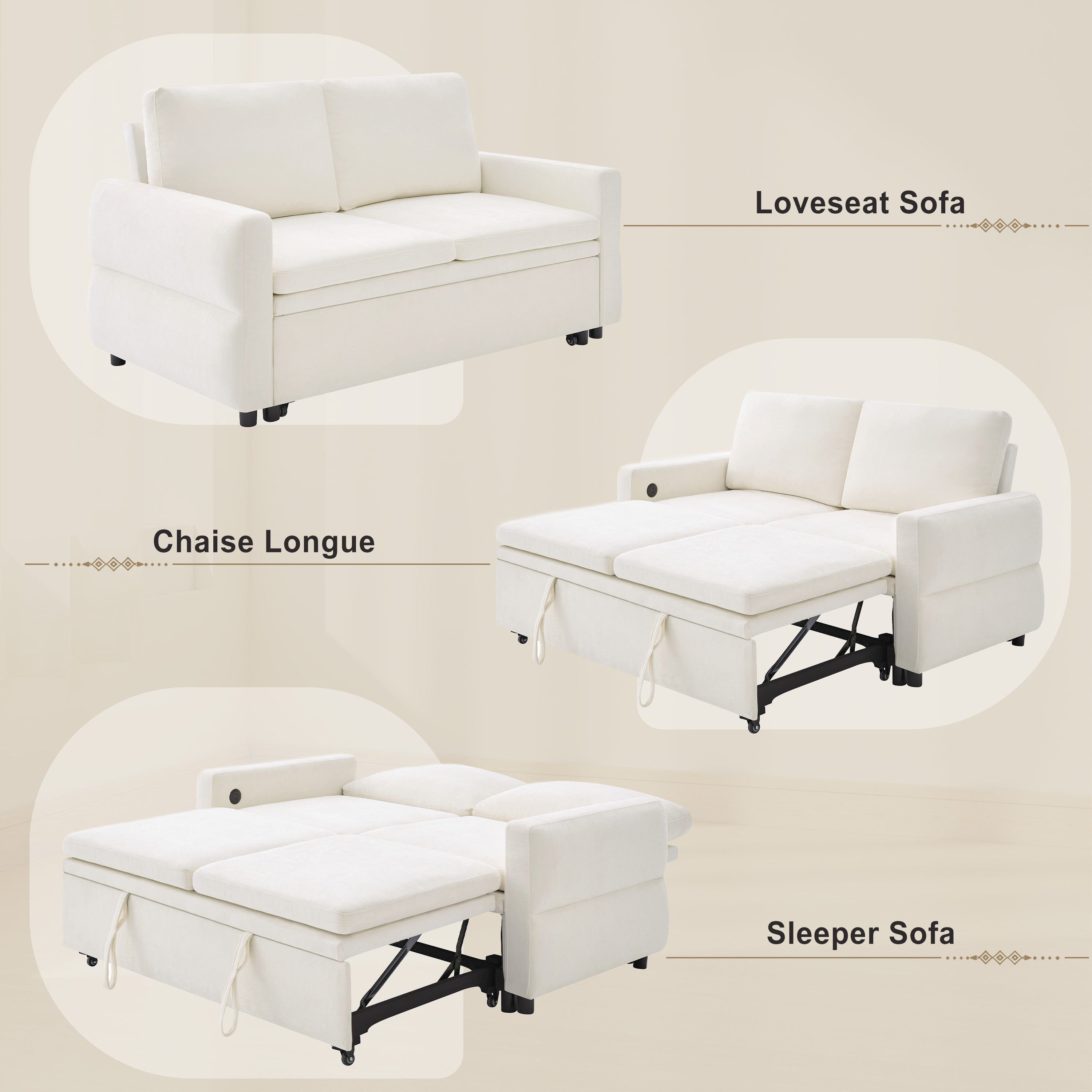 Convertible Sofa Bed 62.75' Loveseat with Adjustable Backrest and USB Ports in Beige Chenille Fabric - Grand Goldman Shop