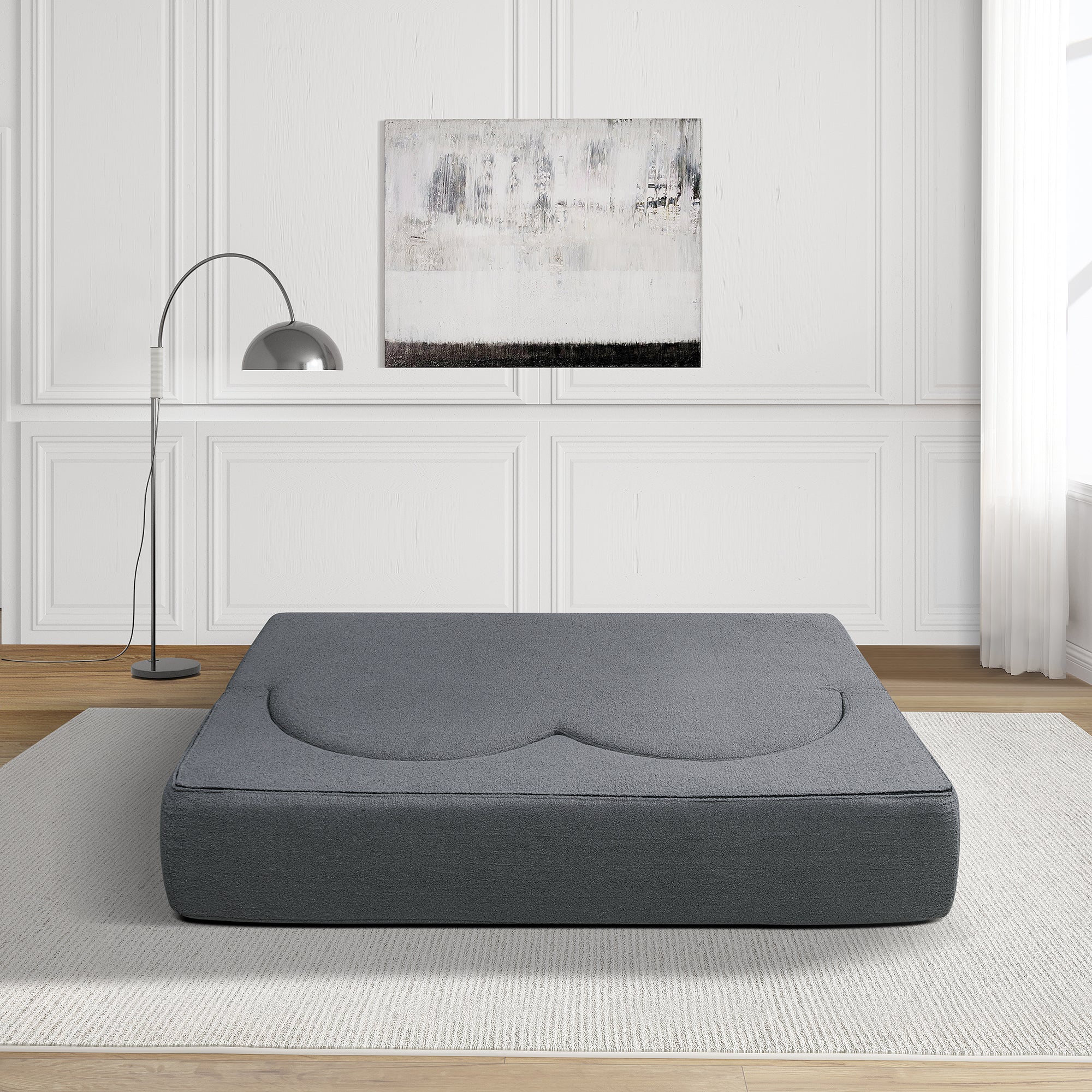 Folding sofa bed, floor sofa, convertible teddy bear fabric foam filled sleeper futon double sofa, suitable for living room, guest, office and apartment (gray) - Grand Goldman Shop
