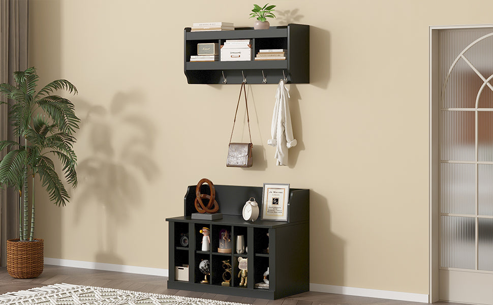 ON-TREND Shoe Storage Bench with Shelves and 4 Hooks, Elegant Hall Tree with Wall Mounted Coat Rack, Entryway Organizer For Hallway, Foyer, Mudroom, Black - Grand Goldman Shop