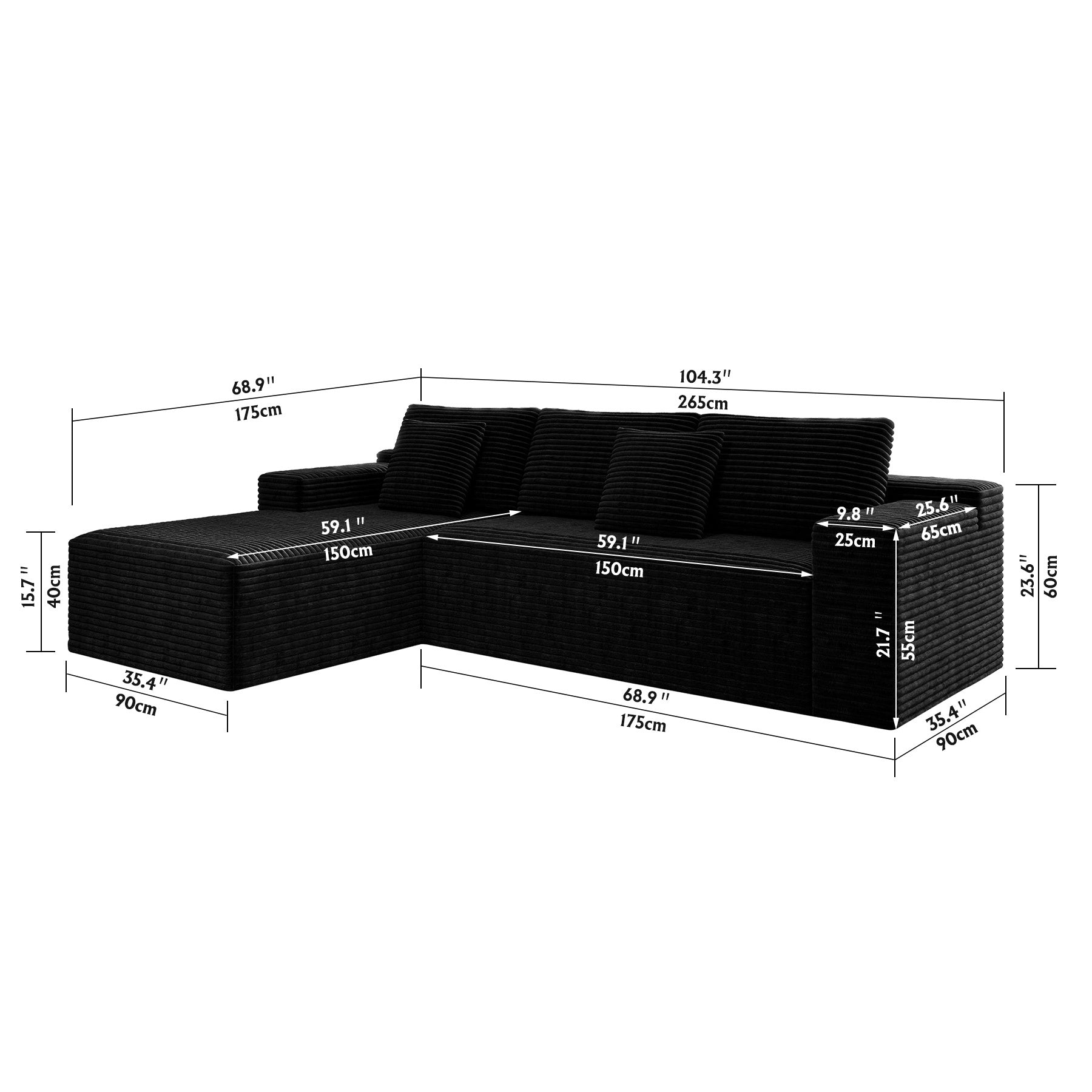 104.3*68.9'Modular sectional sofa seat,Upholstered compressed couch for living room,Bedroom,Apartment,No assembly required,2PC free combination,Plush corduroy fabric,BLACK - Grand Goldman Shop