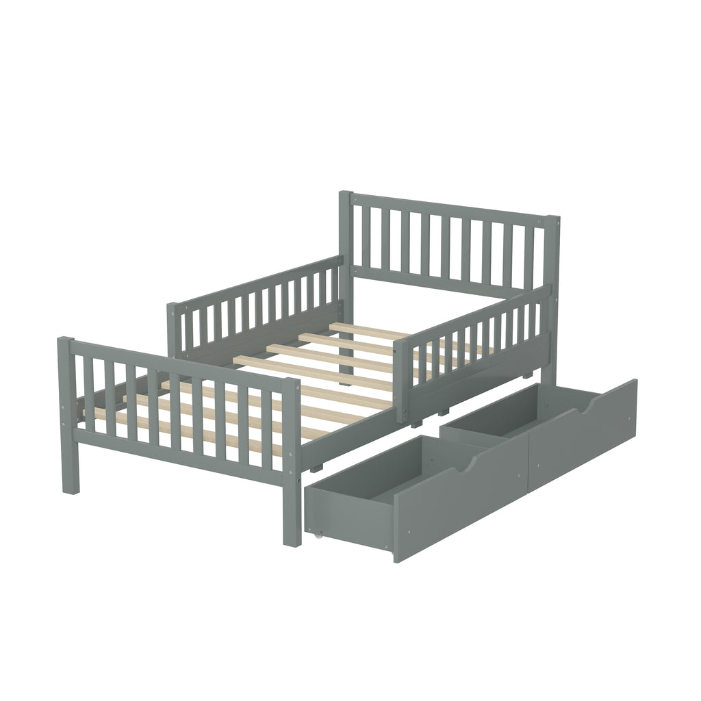 Twin Size Wood Platform Bed with Guardrails on Both Sides and Two Storage Drawers, Gray - Grand Goldman Shop