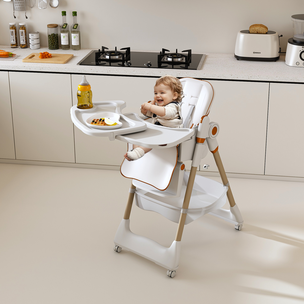 Adjustable Baby High Chair 0-6 Years – Portable Infant Feeding Seat with Safety Belt, Silent Lockable Wheels, White - Grand Goldman Shop