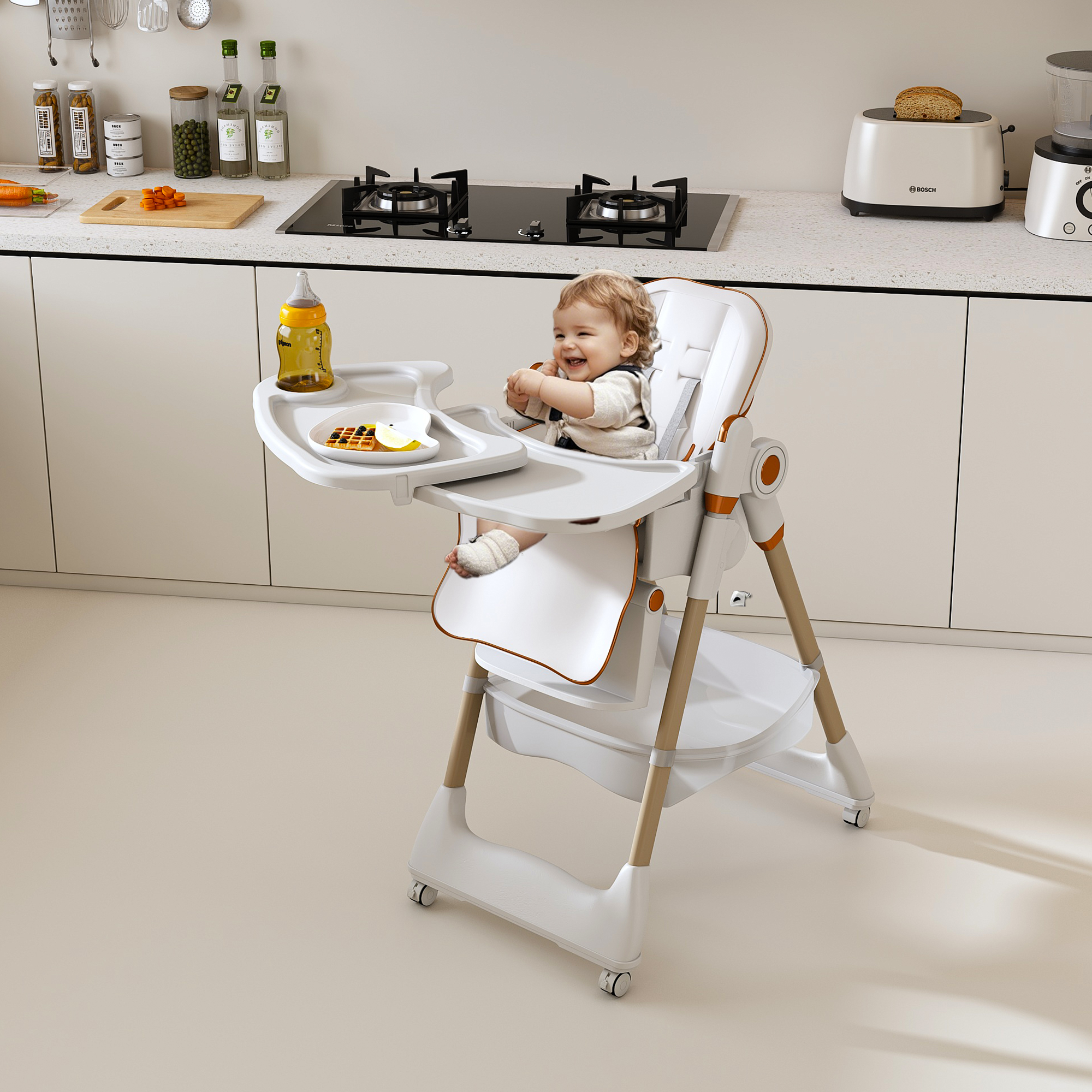 Adjustable Baby High Chair 0-6 Years – Portable Infant Feeding Seat with Safety Belt, Silent Lockable Wheels, White - Grand Goldman Shop