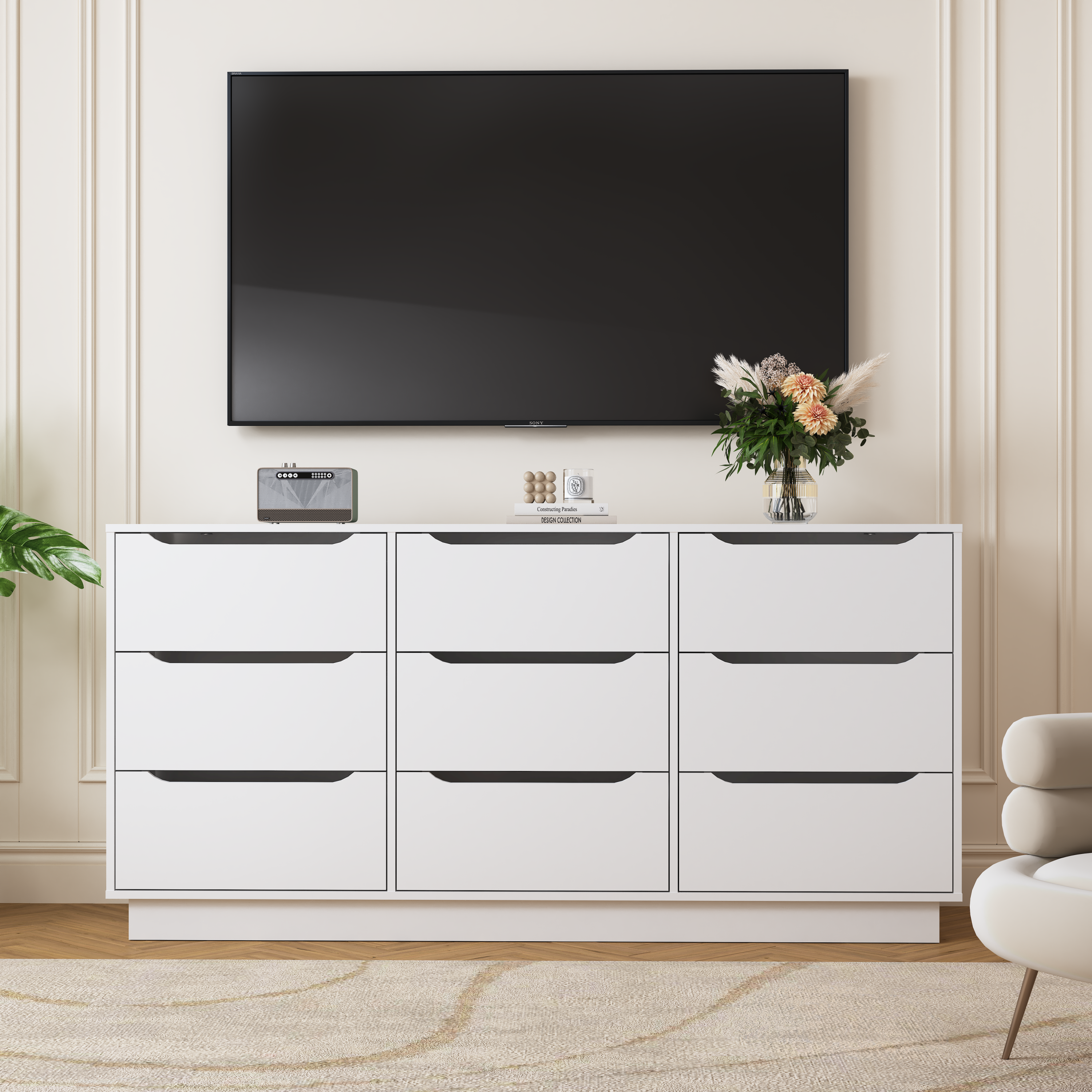 9 Drawer Dresser for Bedroom with Deep Drawers, Large Floor Wood Dressers & Chest of Drawers , Modern White Long Dressers for Closet Living Room - Grand Goldman Shop