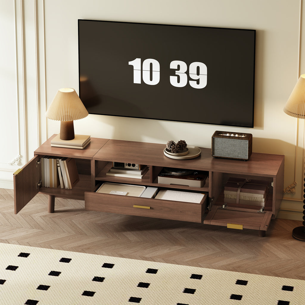 Wood Fashionable TV Stand for 75' TVs with Soft-Closing Doors, Dark Brown Modern Console with Rattan Accents and Drop-Down Cabinet, Solid Wood and MDF Construction - Grand Goldman Shop