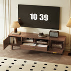 Wood Fashionable TV Stand for 75' TVs with Soft-Closing Doors, Dark Brown Modern Console with Rattan Accents and Drop-Down Cabinet, Solid Wood and MDF Construction - Grand Goldman Shop