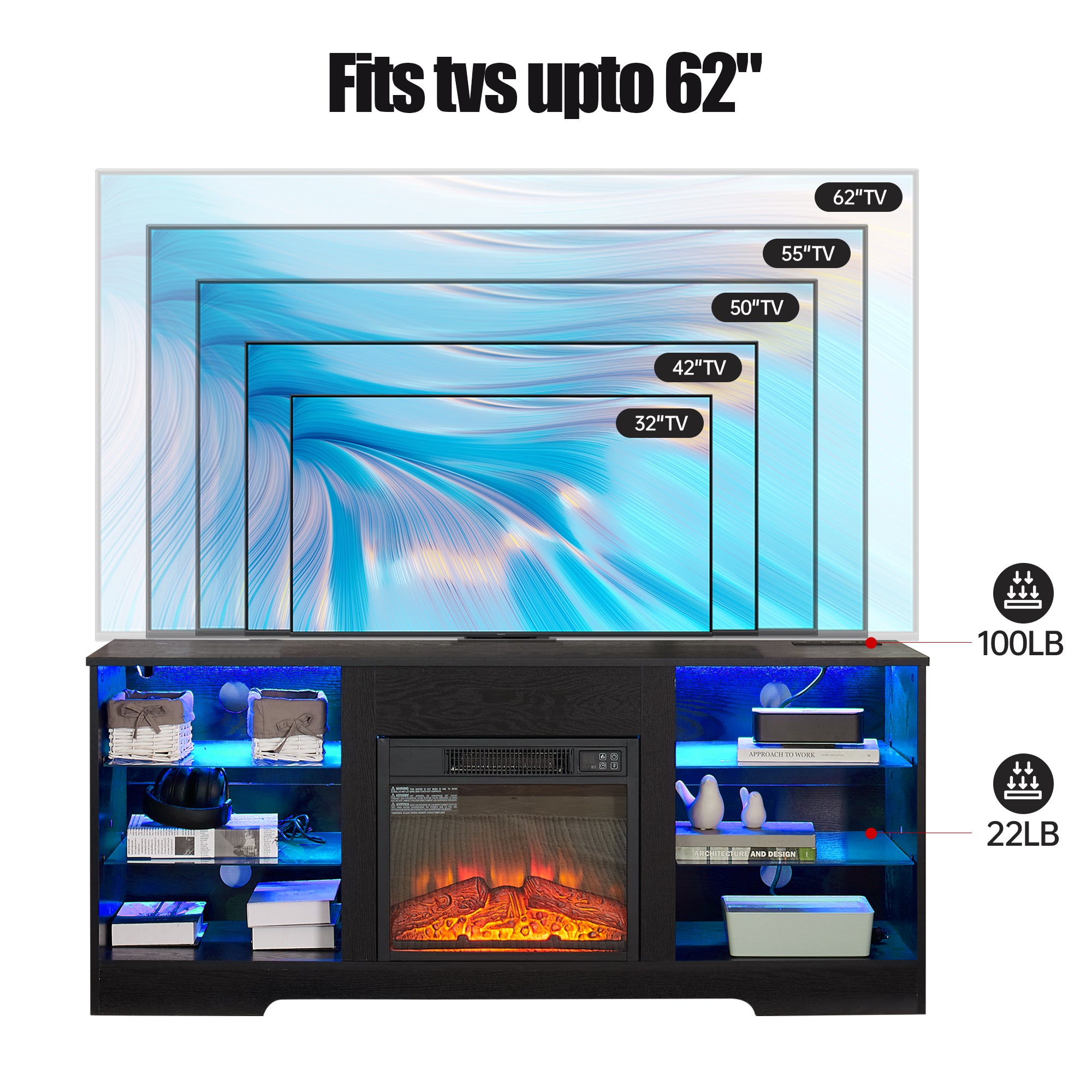 TV Stand Electric Fireplace TV Stand with Glass Shelves, 3D Fireplace TV Stand with LED Lights Wood with USB Charging Outlet Modern Television Table Center for TV up to 32-62' Black 58''W*15.4''D*24.6 - Grand Goldman Shop