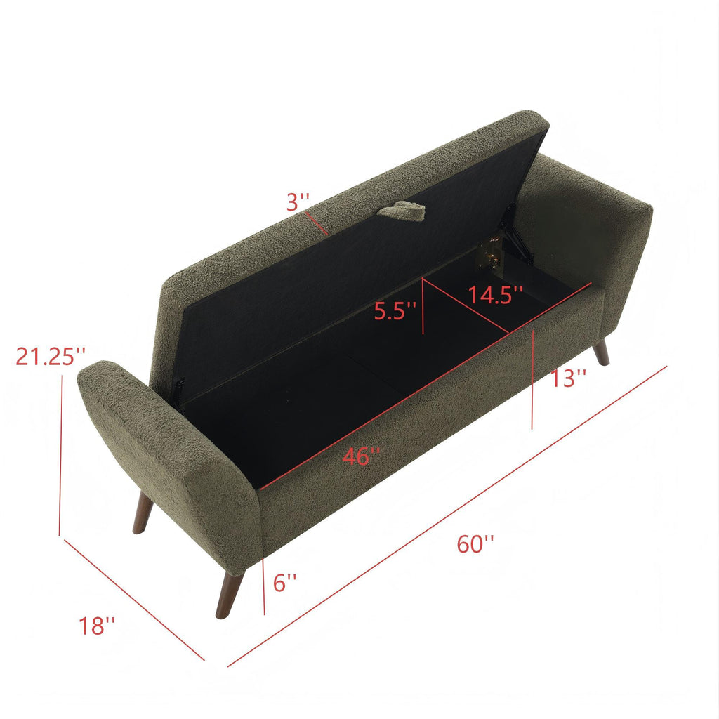 Modern Storage Bench with Mid-Century Wood Legs, 60'' Olive Green Teddy Fabric Upholstered Bench with Storage for Living Room & Bedroom - Grand Goldman Shop