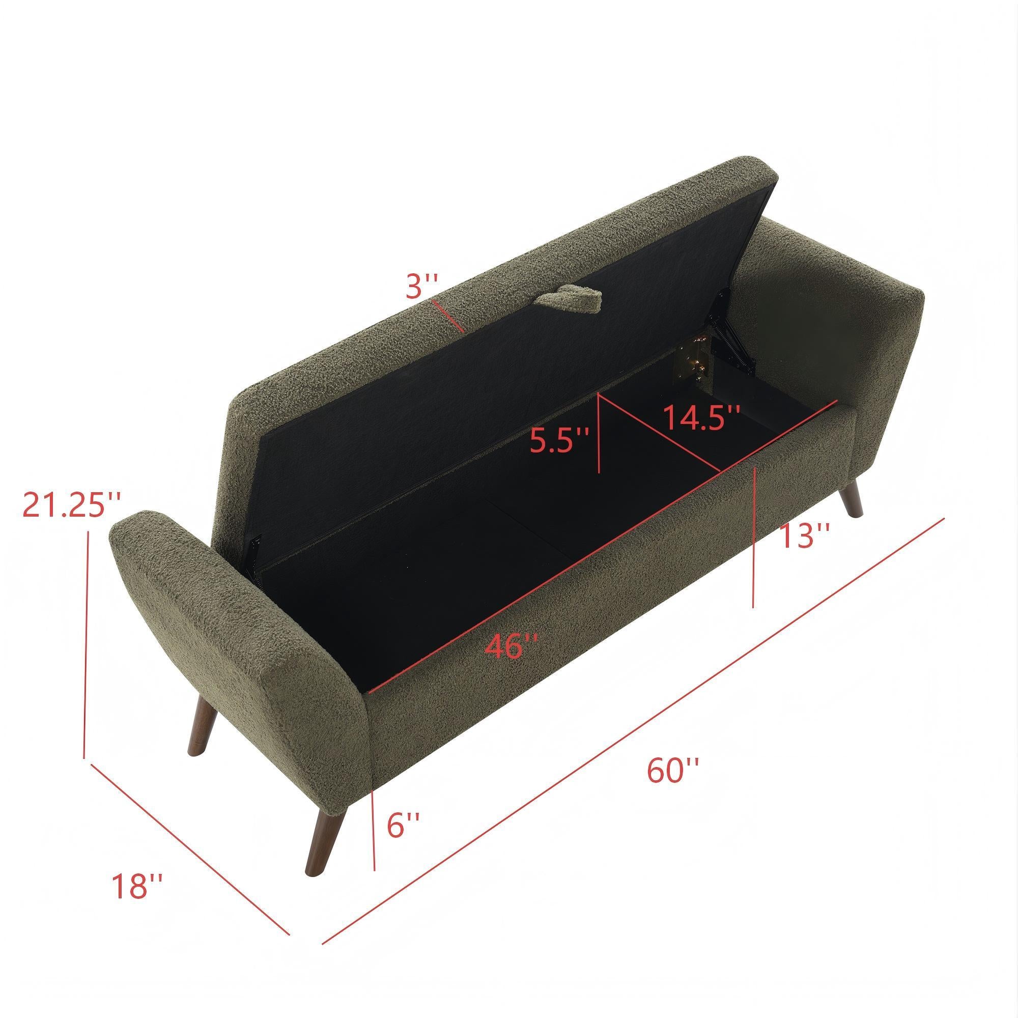 Modern Storage Bench with Mid-Century Wood Legs, 60'' Olive Green Teddy Fabric Upholstered Bench with Storage for Living Room & Bedroom - Grand Goldman Shop