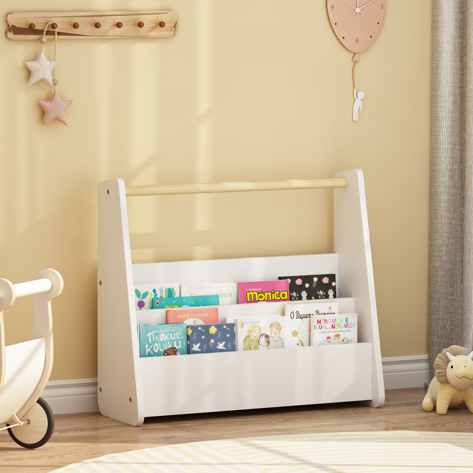 Kids Bookshelf with Wooden Handle, 2-Tier Front-Facing Toddler Bookcase, Portable Children's Book Storage Organizer for Bedro