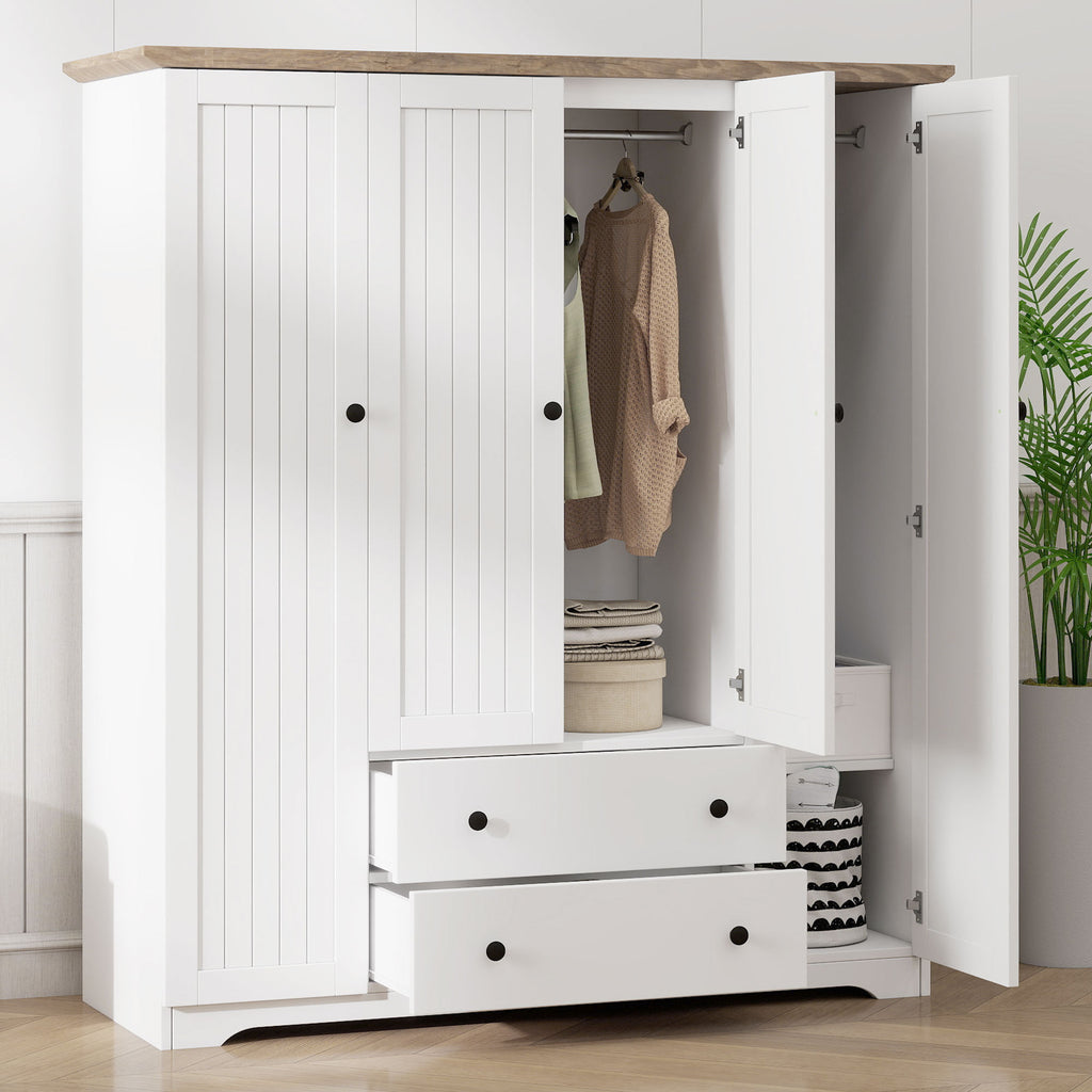 White 4 Door Wardrobe Armoire with 2 Drawers, Pine Wood + MDF, 60.6''L x 20.8''W x 68.5''H - Grand Goldman Shop