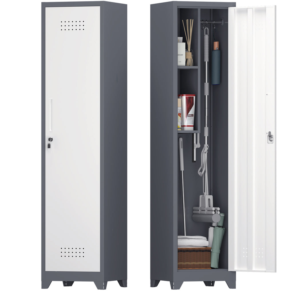 Metal Broom Storage Cabinet, 65' Narrow Slim Utility Cabinet with Hooks and Shelves, White Finish, Heavy-Duty Steel Construct