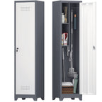 Metal Broom Storage Cabinet, 65' Narrow Slim Utility Cabinet with Hooks and Shelves, White Finish, Heavy-Duty Steel Construct