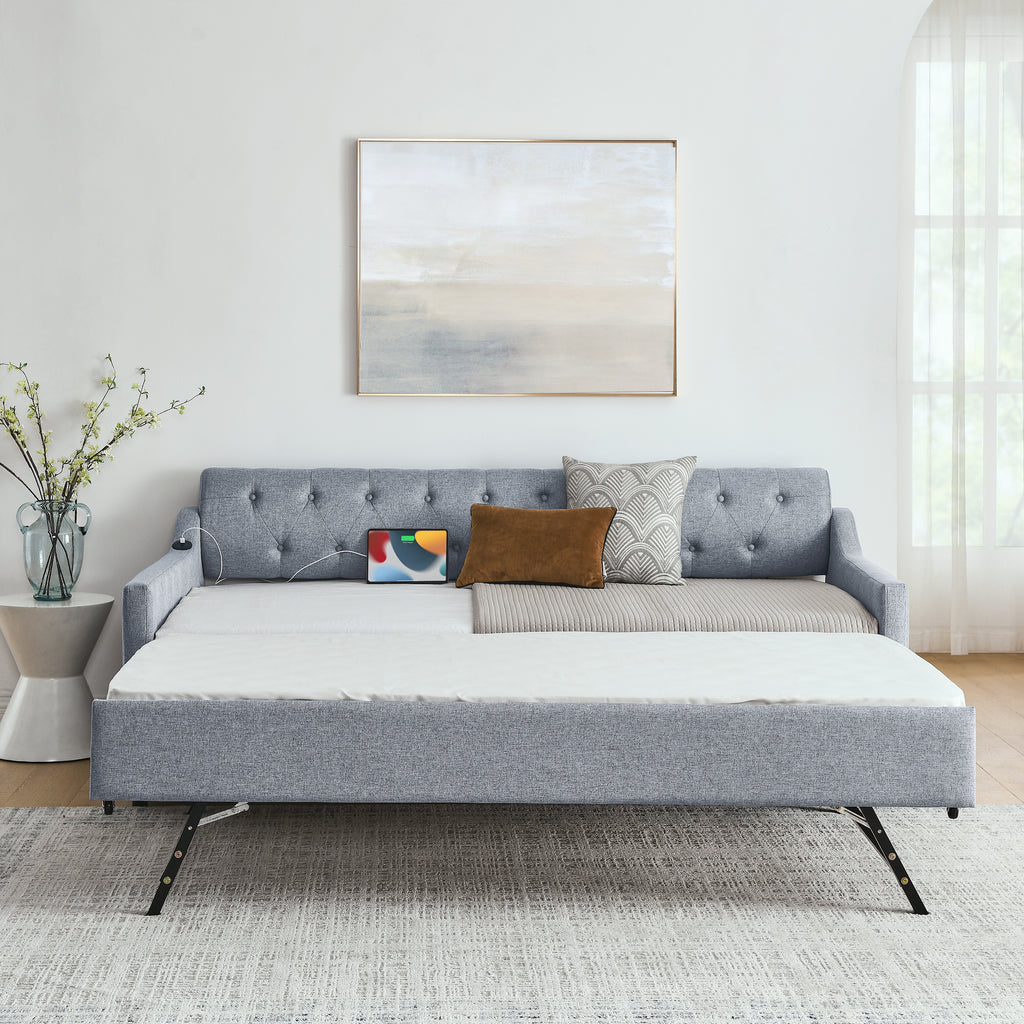 Linen Grey Mid-Century Style Twin Size Upholstered Daybed with Trundle and USB Charging Armrest - Grand Goldman Shop