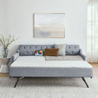Linen Grey Mid-Century Style Twin Size Upholstered Daybed with Trundle and USB Charging Armrest - Grand Goldman Shop