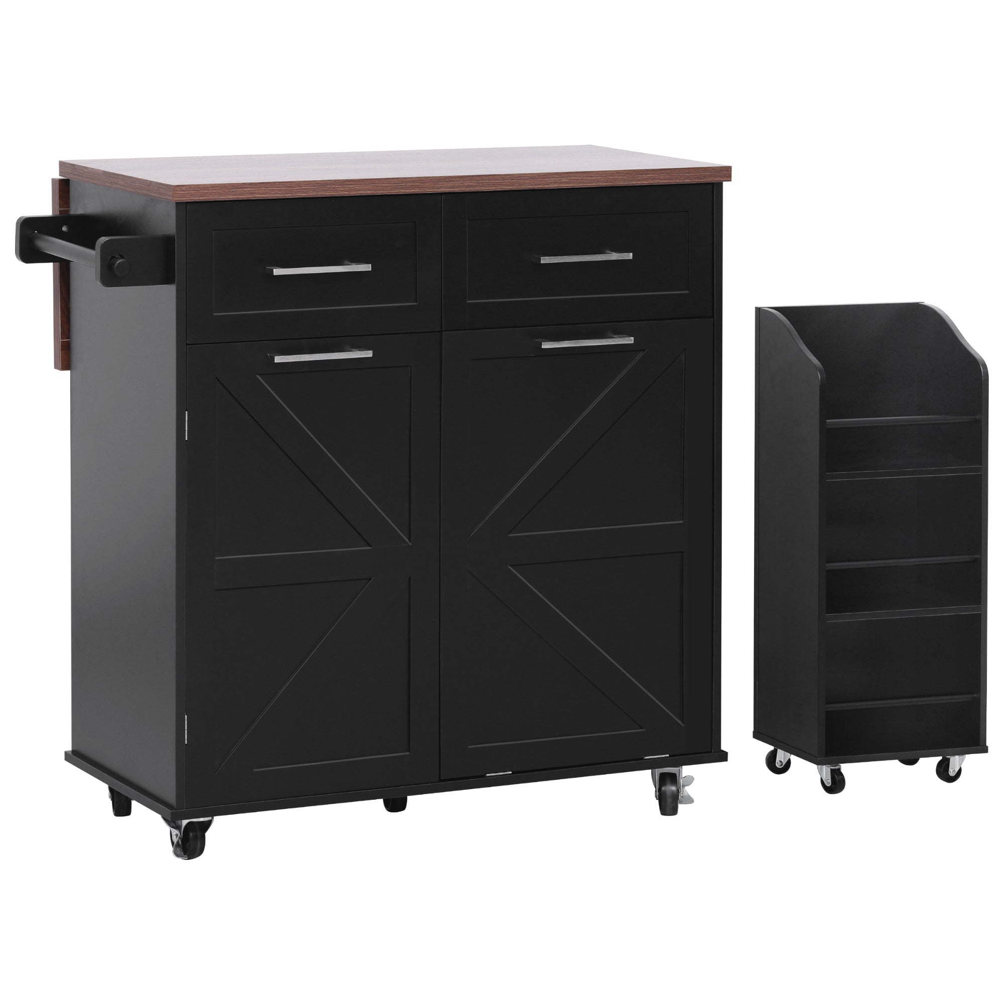 K&K 47.2' Farmhouse Kitchen Island with Drop Leaf, Kitchen Storage Island with Removable Side Racks, Two Drawers, Rolling Kitchen Cart on Wheels with Towel Rack, for Home, Kitchen, Dining Room, Black - Grand Goldman Shop