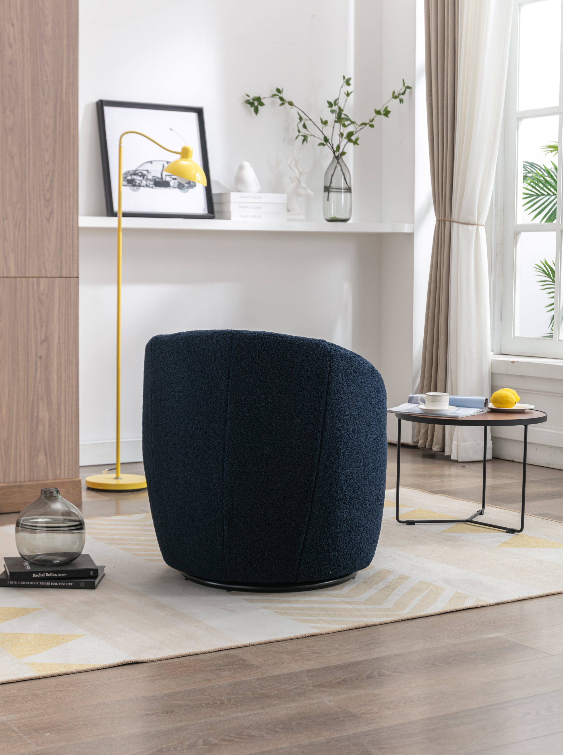 Teddy Fabric Swivel Accent Armchair Barrel Chair With Black Powder Coating Metal Ring,Dark Blue - Grand Goldman Shop
