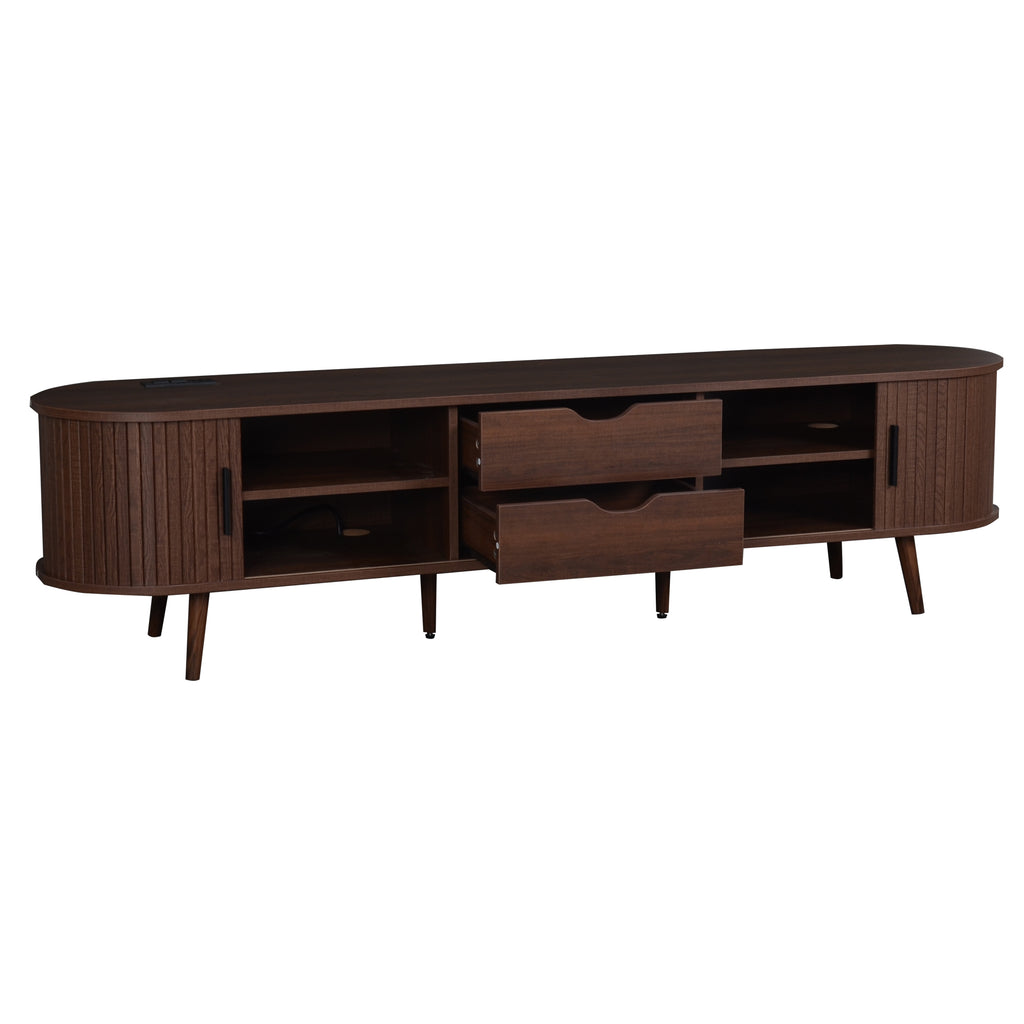 Mid Century Modern TV Stand for 70-Inch TV, Dark Brown MDF & Solid Wood Console with Tambour Doors, Drawers and Built-in Power Outlet - Grand Goldman Shop