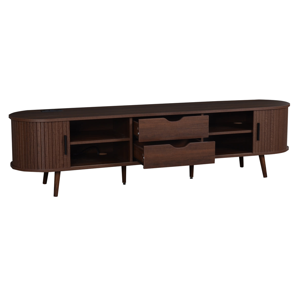 Mid Century Modern TV Stand for 70-Inch TV, Dark Brown MDF & Solid Wood Console with Tambour Doors, Drawers and Built-in Power Outlet - Grand Goldman Shop