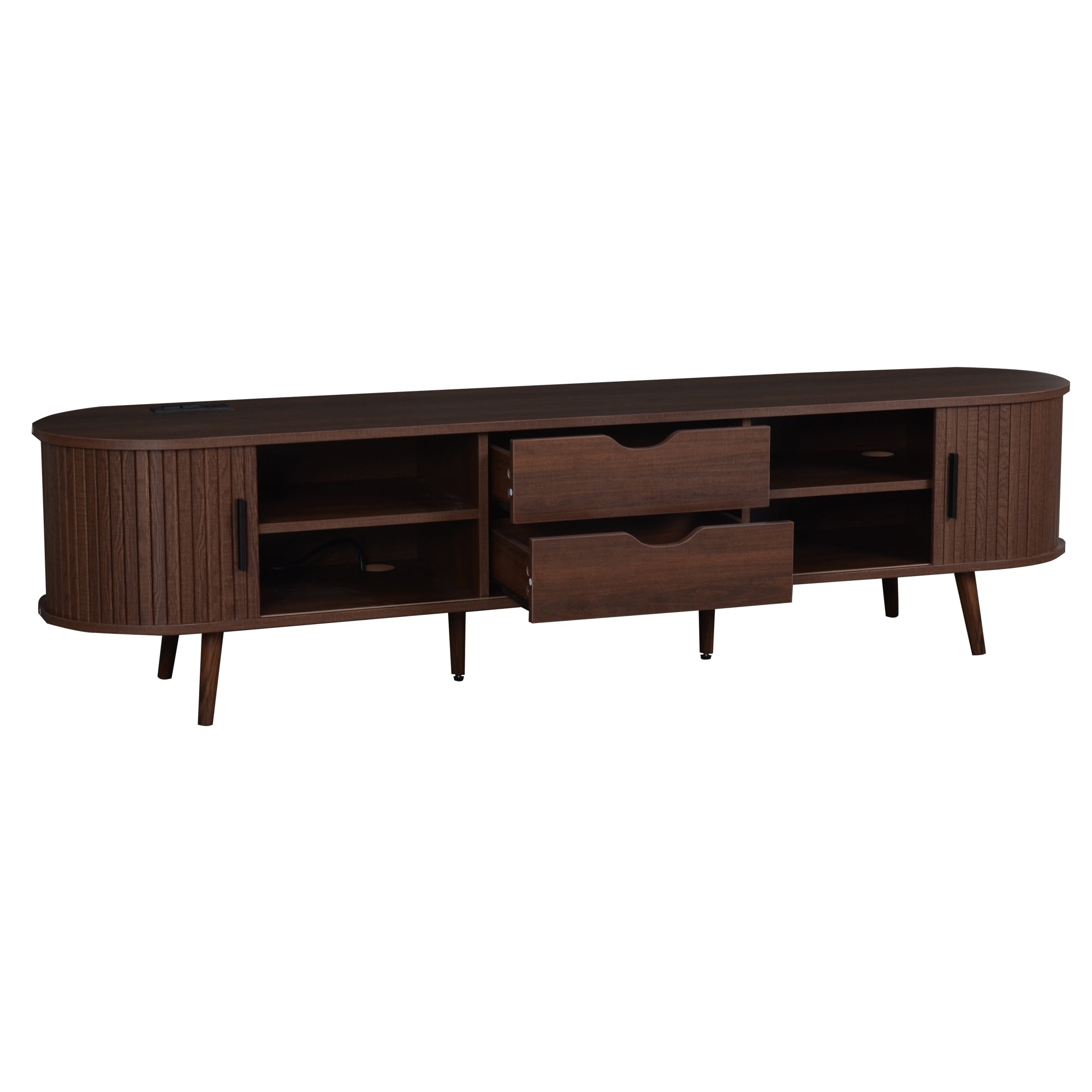 Mid Century Modern TV Stand for 70-Inch TV, Dark Brown MDF & Solid Wood Console with Tambour Doors, Drawers and Built-in Power Outlet - Grand Goldman Shop