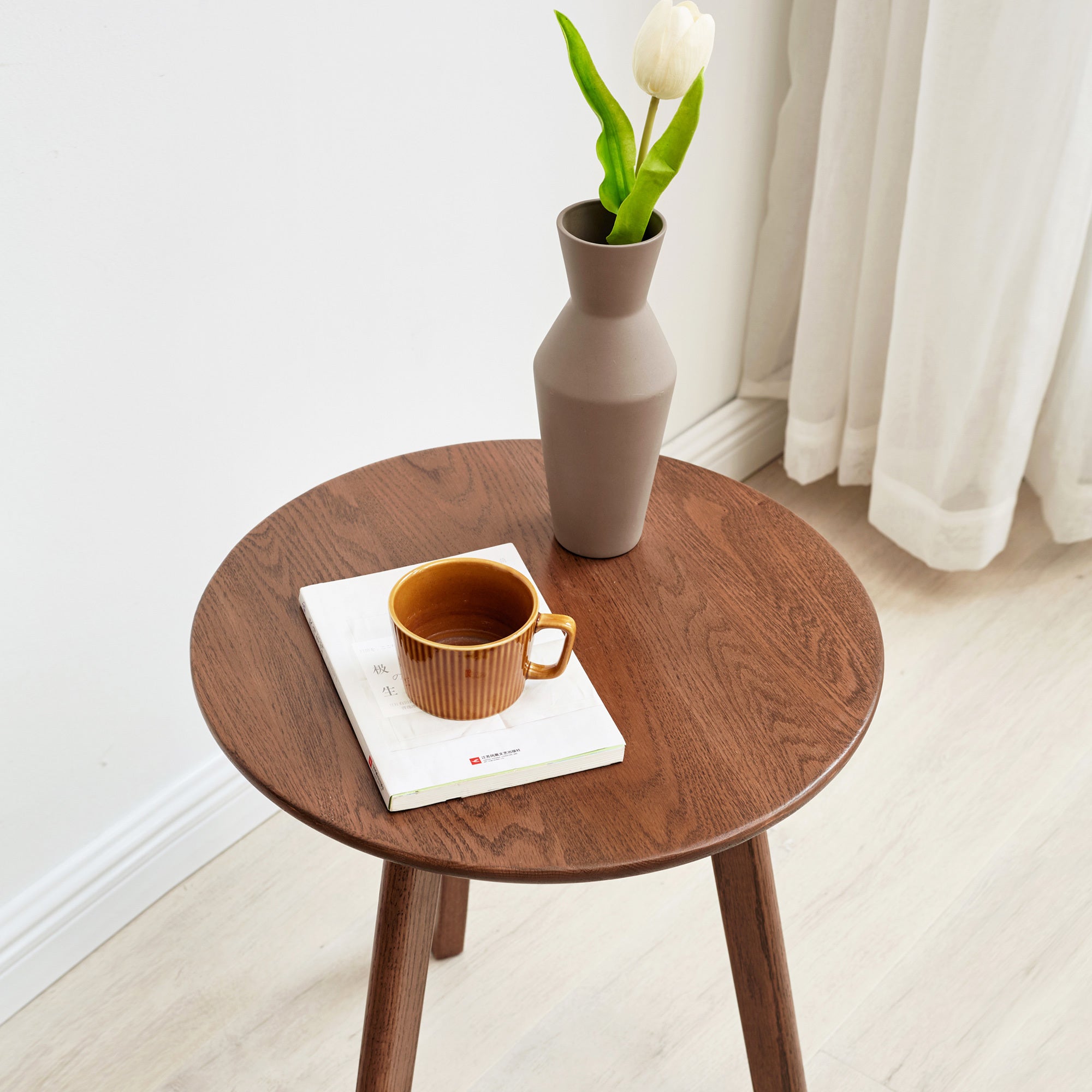 Solid Oak Round End Table - Versatile Coffee Table/Night Stand in Walnut Finish, Easy Assembly - Grand Goldman Shop